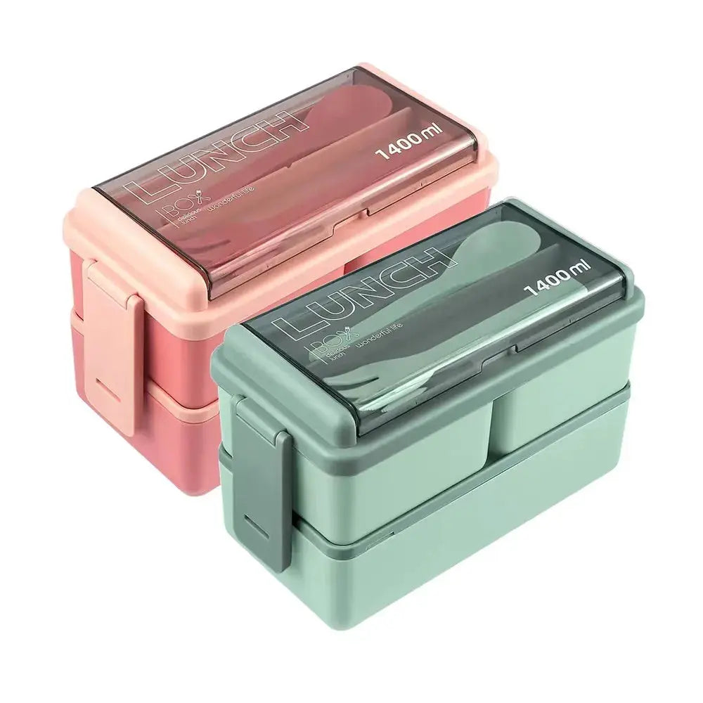 Portable Double Layer Lunch Box For Kids With Fork And Spoon Microwave Safe Bento Box Food Storage Container