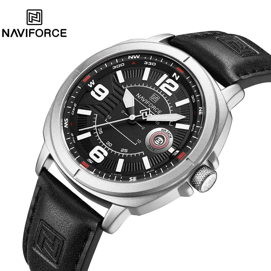 Naviforce men's quartz watch with black dial, calendar date display, silver-tone case and black leather strap