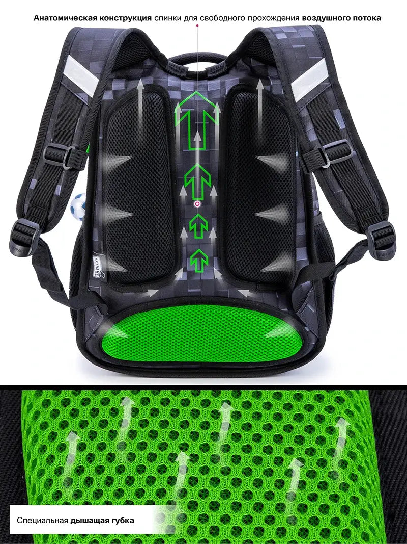 Boys' school backpack by Simples Market, black fabric with neon green mesh back padding, waterproof