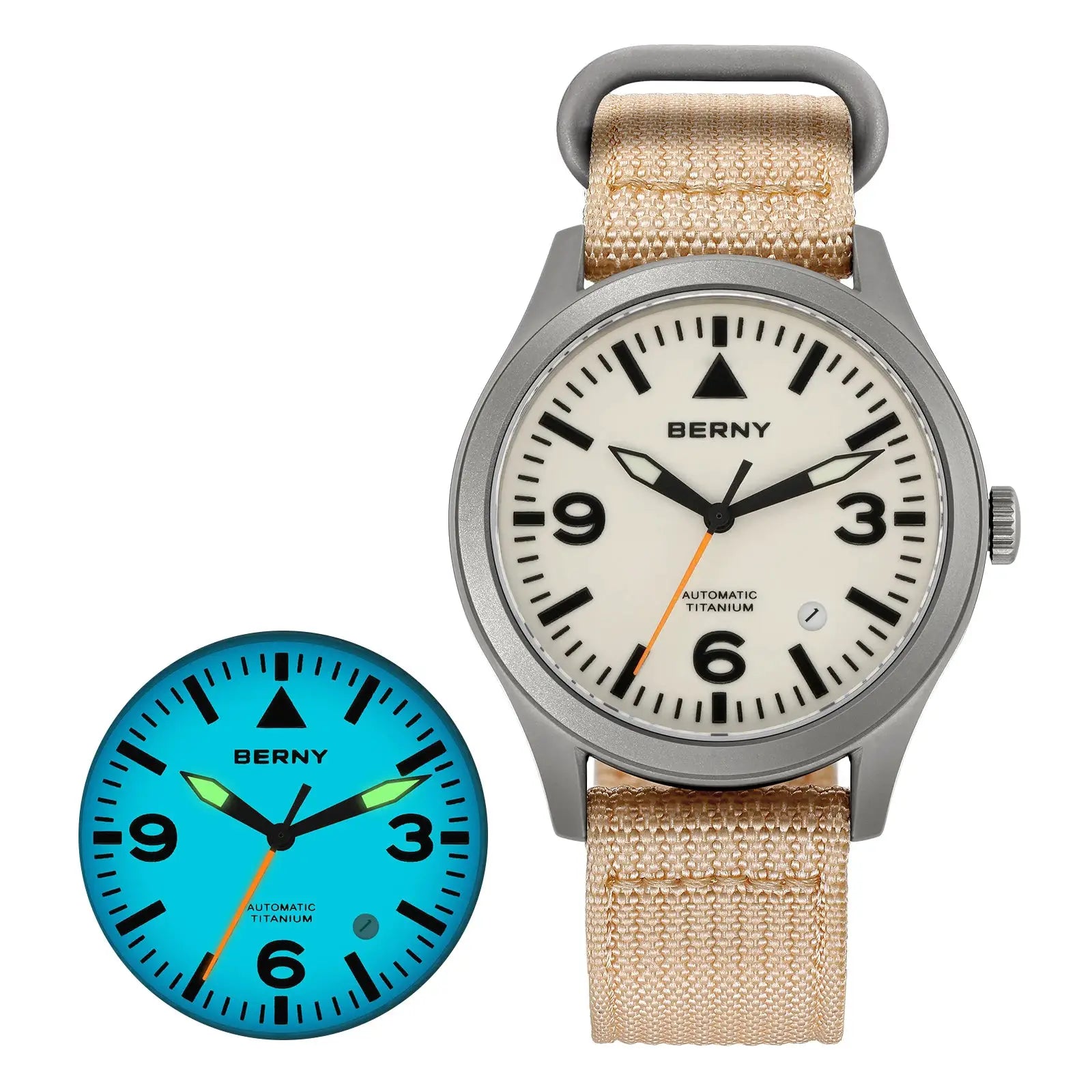 BERNY titanium automatic men's watch with beige fabric strap and white dial; blue variant visible, two watches shown