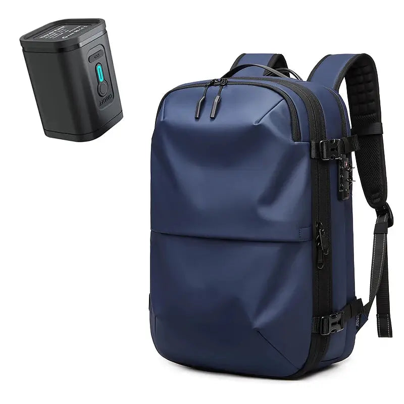 Men travel backpack navy blue with 17-inch laptop pocket and multiple zip compartments, plus compact vacuum device