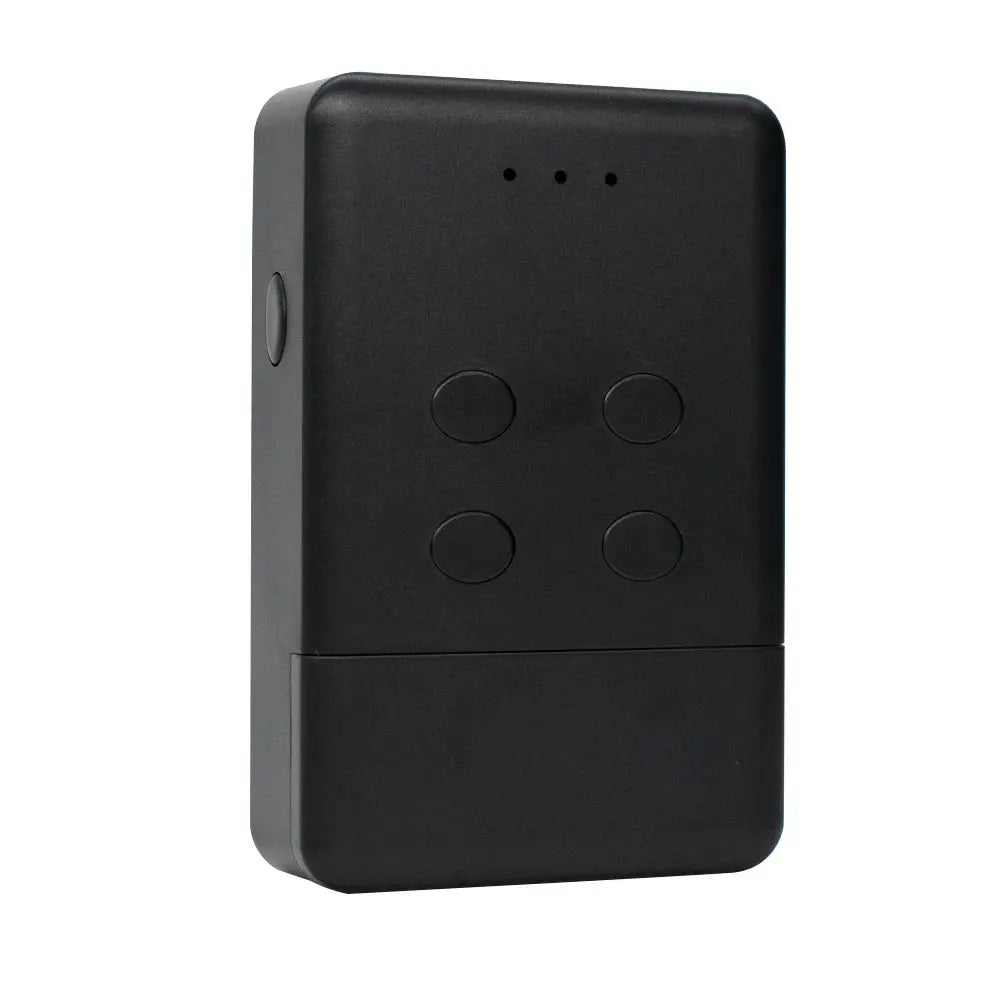 Black four-button handheld garage door remote transmitter