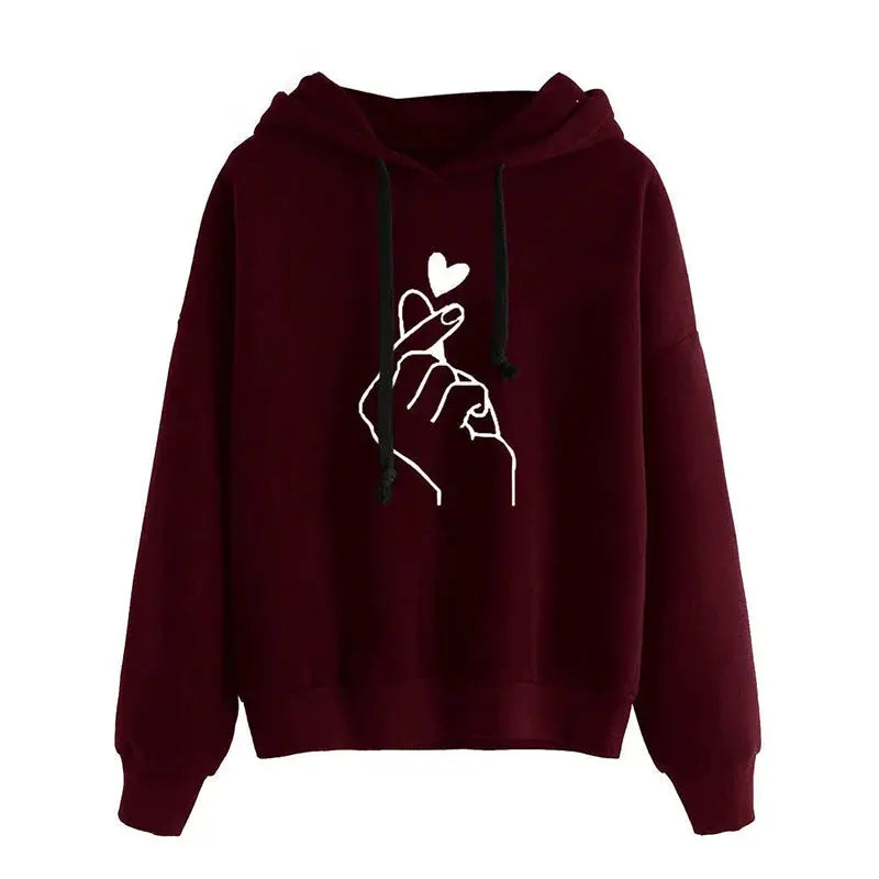 SeoulStyle Autumn Fleece Hoodie Cozy Korean Fashion Sweatshirt For Women With Finger Heart Graphic And Pockets
