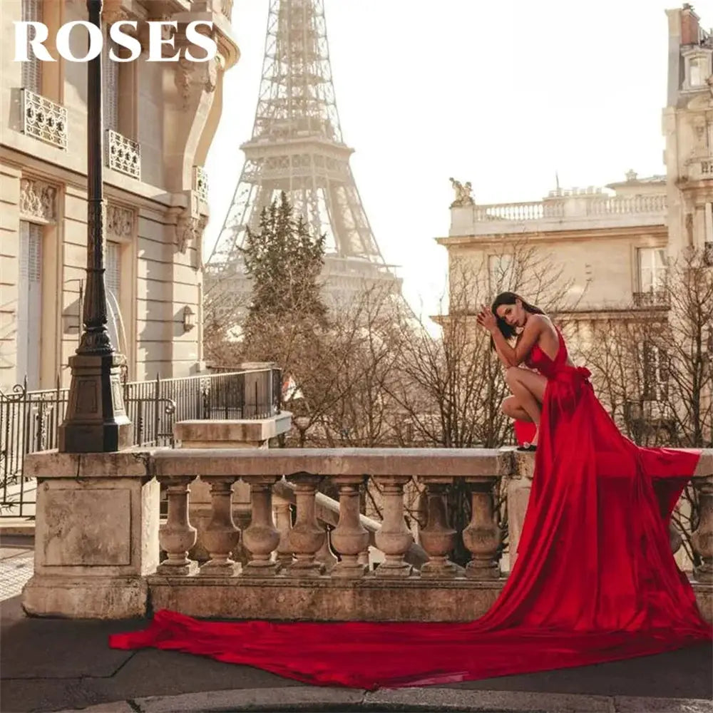Roses Red Satin Prom Dress Sleeveless Backless Trumpet Gown V Neck