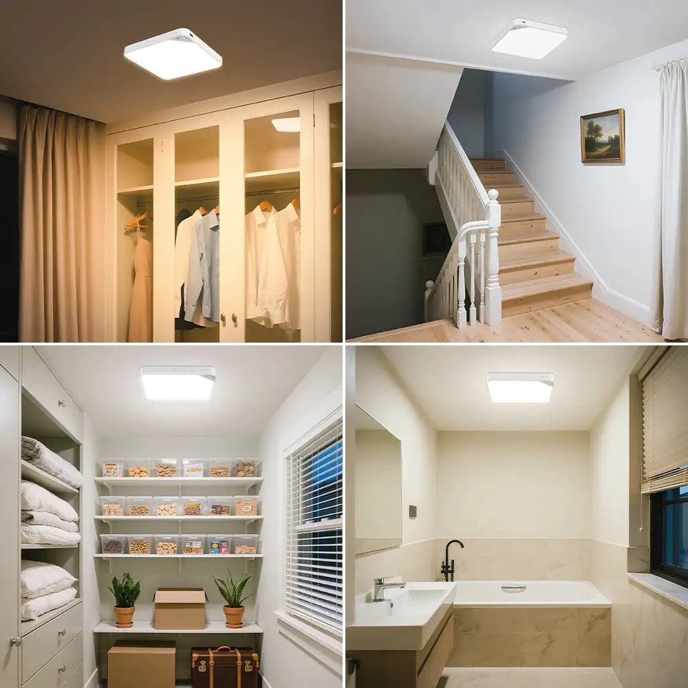 WILLED 8W rechargeable motion-sensor ceiling light with remote, white magnetic LED, four-room collage.