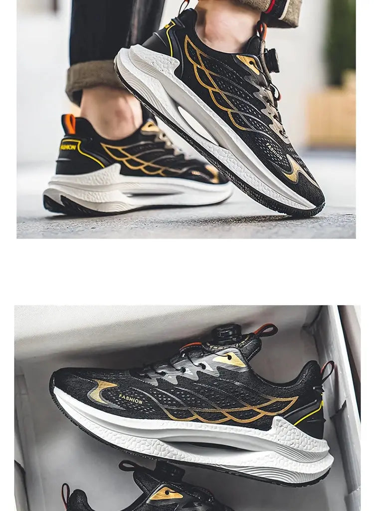 Pair of Summer breathable casual sports shoes for men by Simples Market in black and gold mesh with white sole