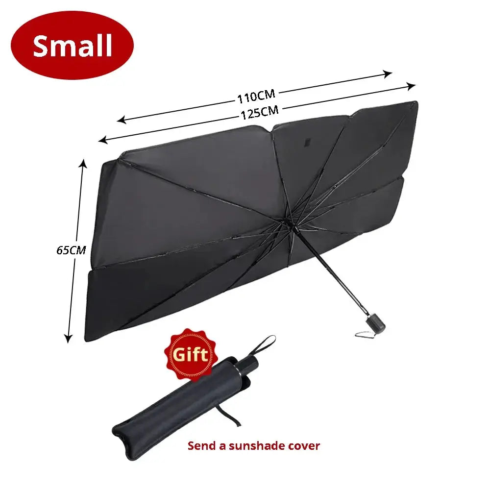 Foldable car windshield sunshade, black fabric; umbrella-style frame, 110–125 cm wide, 65 cm tall; 2-piece set
