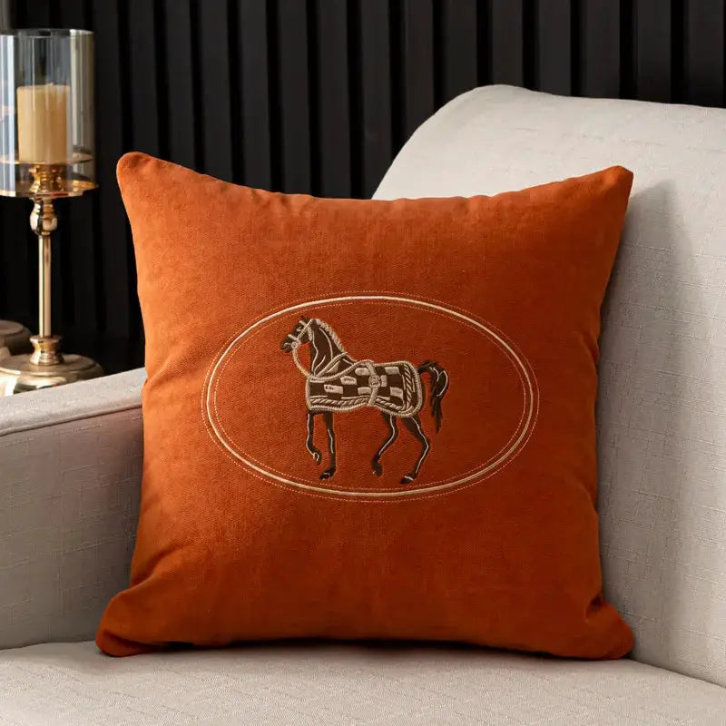 Elegant American hand-embroidered cushion cover with horse design, terracotta velvet 45x45cm