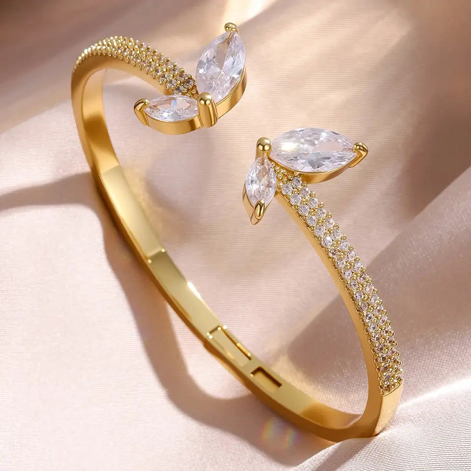 Luxury Geometry Gold Color Cuff Bangles For Women With Cubic Zirconia Bracelets For Party And Everyday Wear