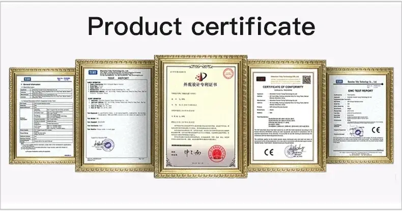 Tuya WiFi Temperature Humidity Sensor certificate set; five gold-framed documents displayed