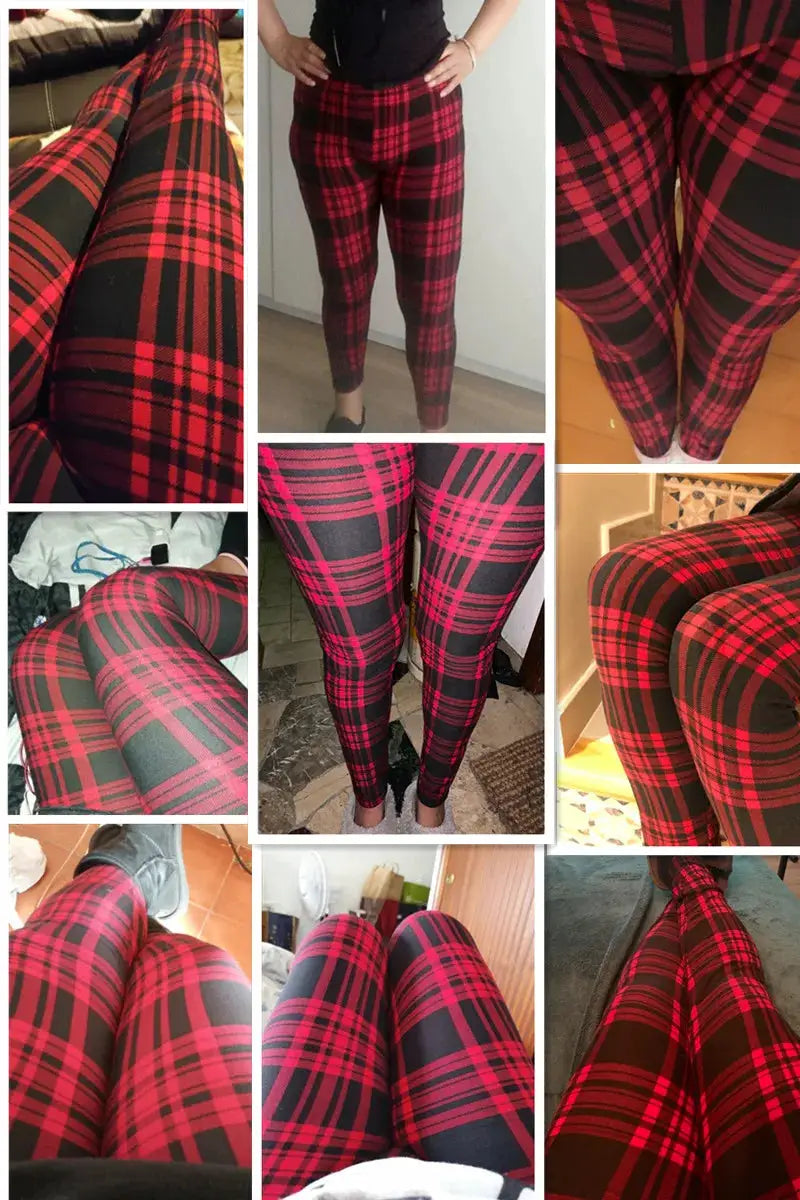 Women's red and black plaid leggings with high elasticity, Simples Market