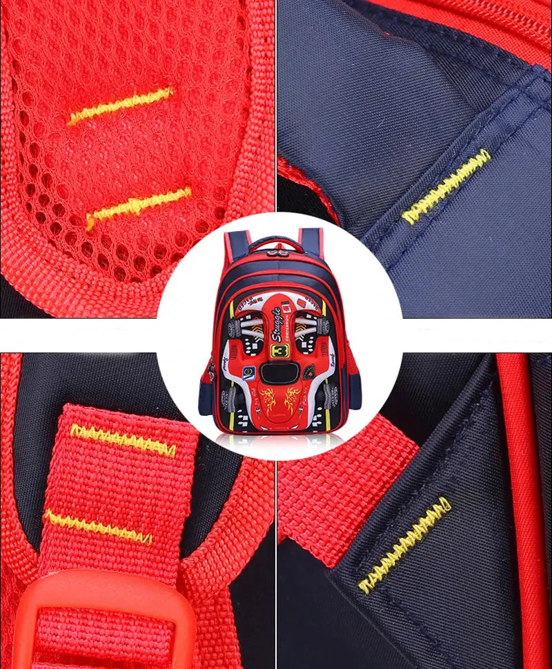 Waterproof lightweight 3D car backpack for kids by Simples Market, red and blue with racing car design.