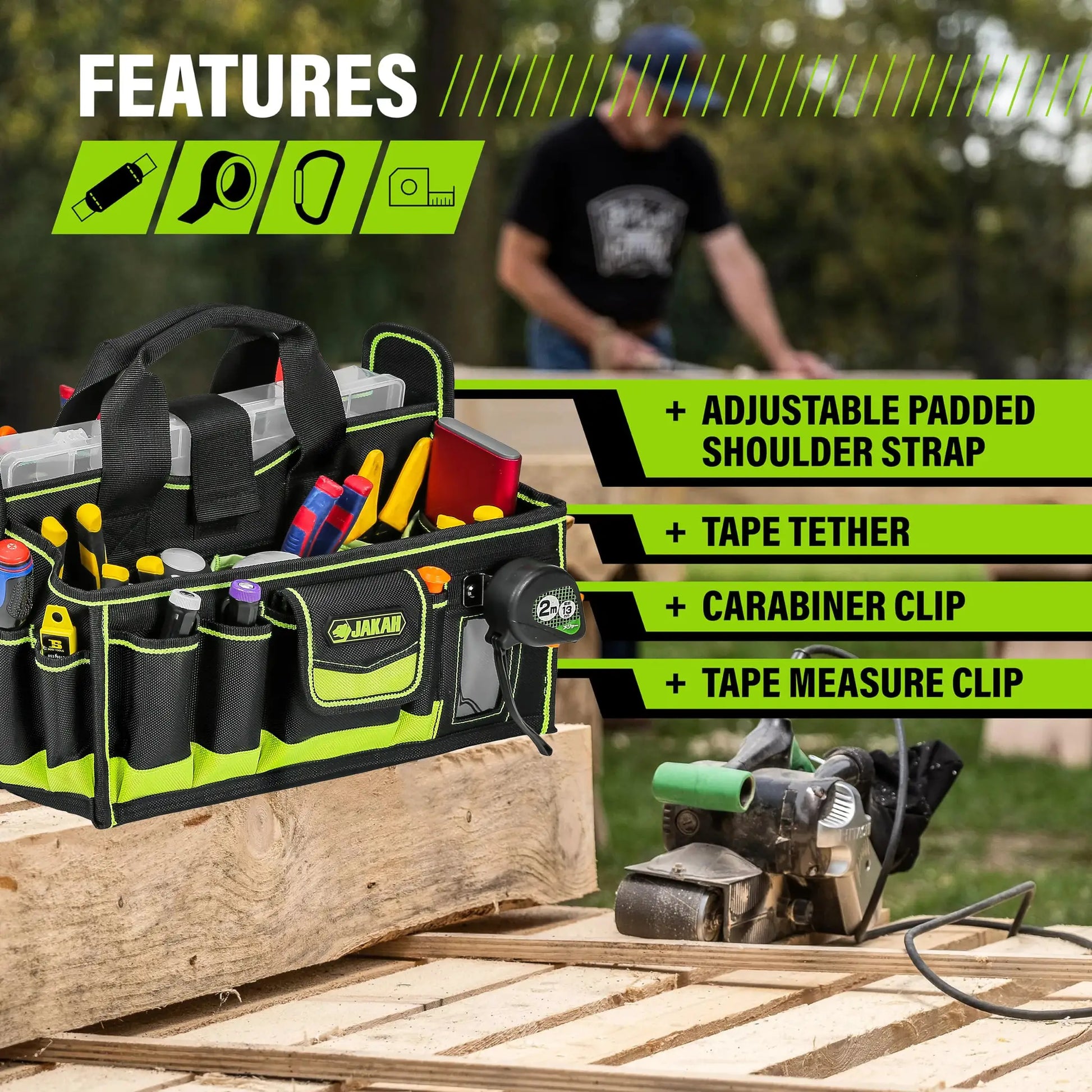 40-pocket tool tote with black body and neon green trim, Jakah logo, filled with screwdrivers and pliers.