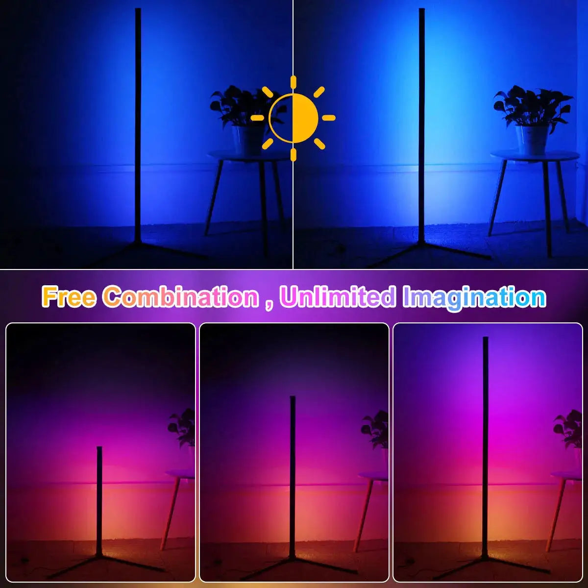 160cm smart Tuya corner floor lamp with RGB LED, dimmable mood lighting for bedroom or living room.