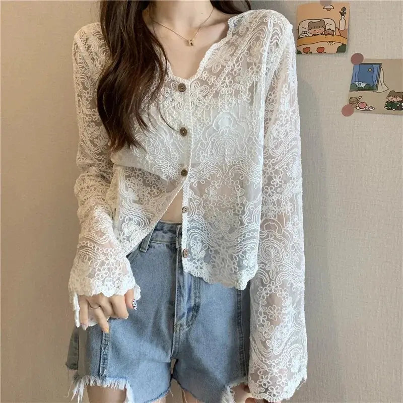 Vintage Summer Lace Blouse for Women, white sheer floral lace with long sleeves