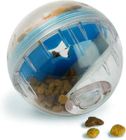 IQ Treat Ball dog treat dispenser toy by Simples Market, transparent sphere with blue interior, 4-inch slow feeder.