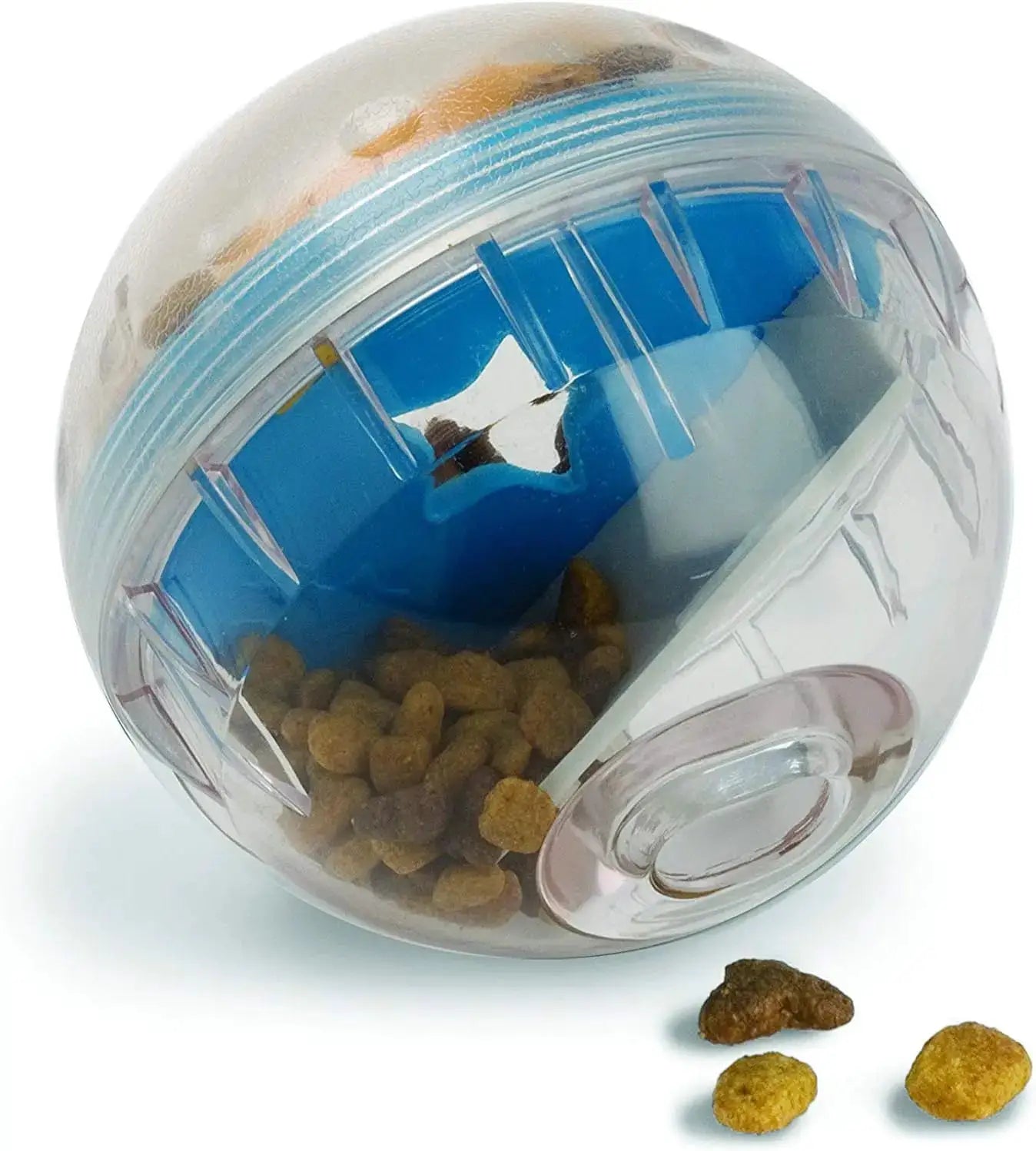 IQ Treat Ball dog treat dispenser toy by Simples Market, transparent sphere with blue interior, 4-inch slow feeder.