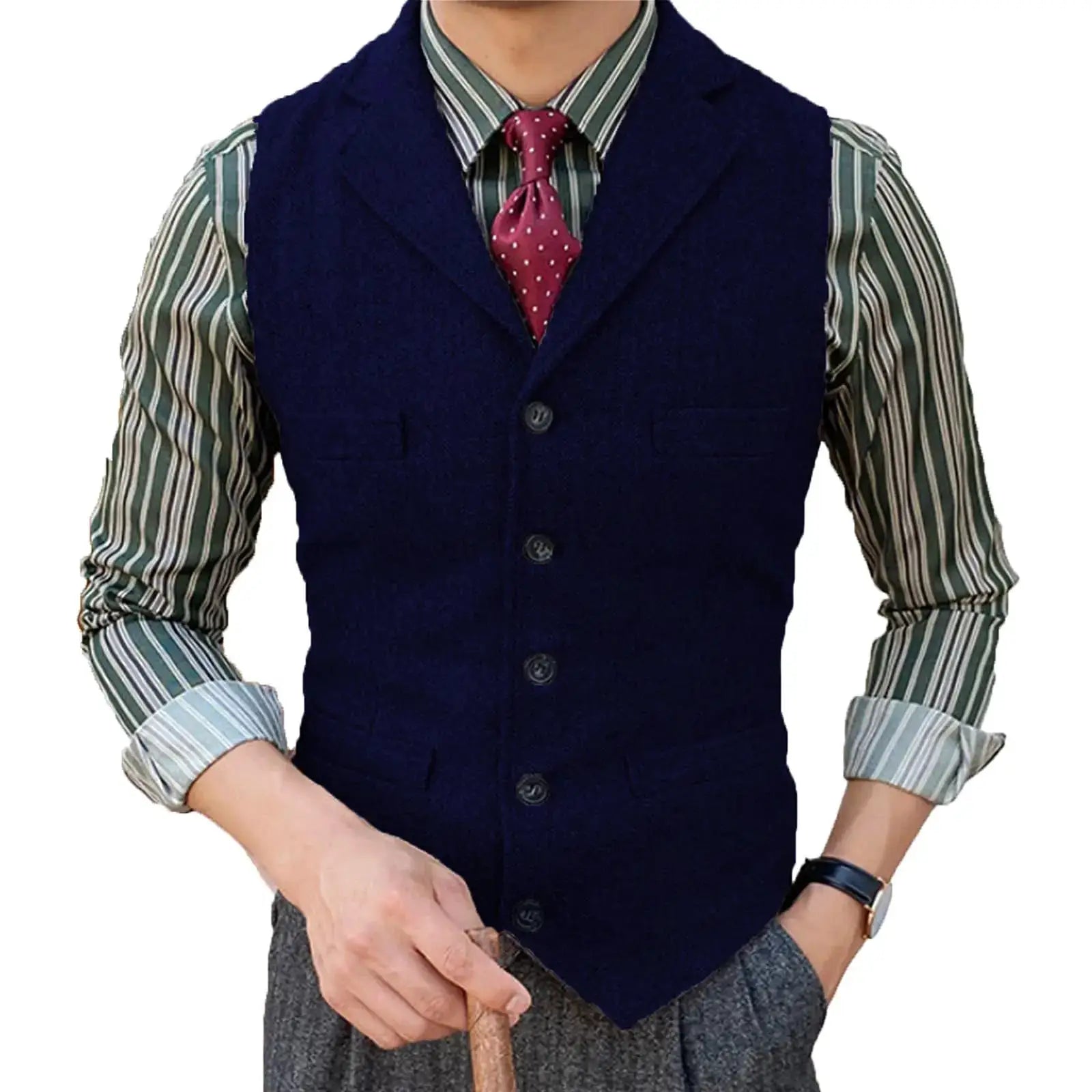 Men's navy wool herringbone waistcoat with lapels and buttons over a striped shirt and burgundy polka-dot tie.