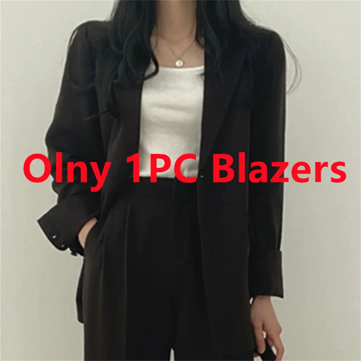 Black women's blazer and wide-leg pants suit set with white top, office-ready outfit