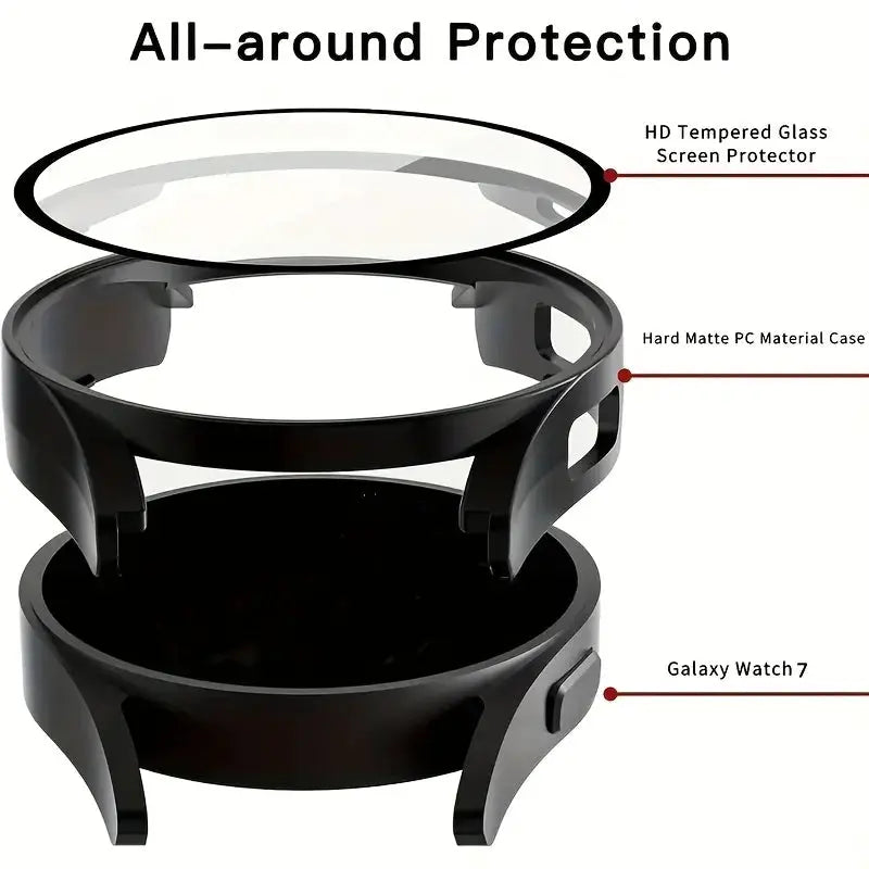 Matte hard PC case with tempered glass screen protector for Samsung Galaxy Watch 7/6/5/4, Simples Market, black