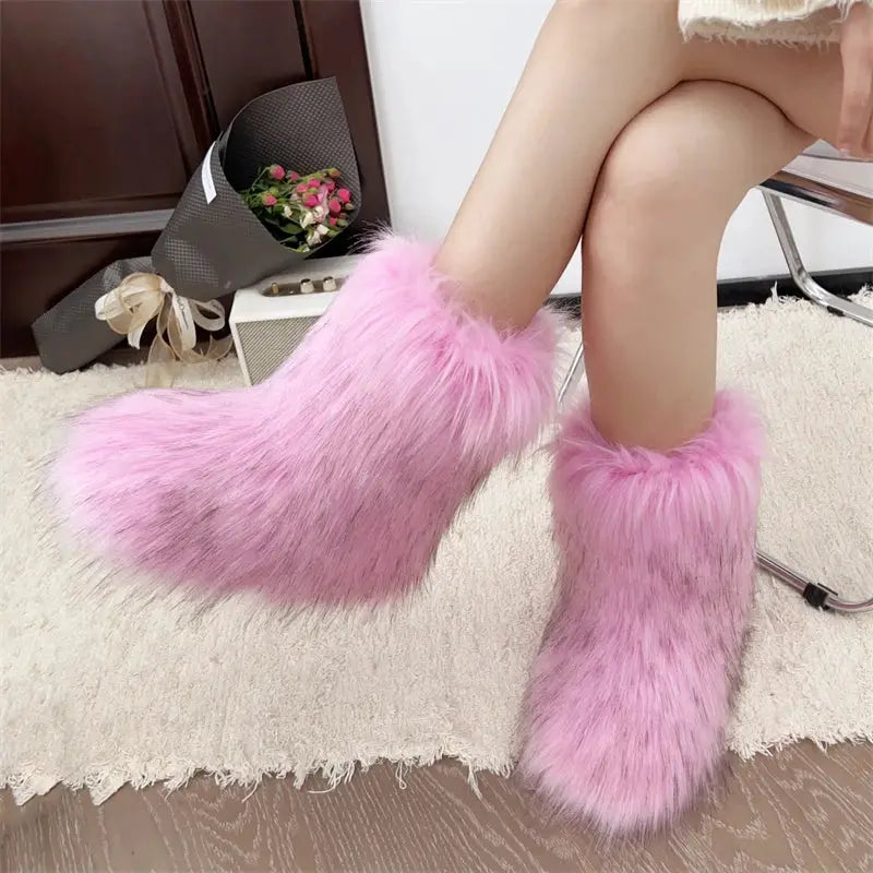 EverWarm Raccoon Fur Mid Calf Winter Snow Boots With Plush Insole And Short Plush Lining For All Day Warmth