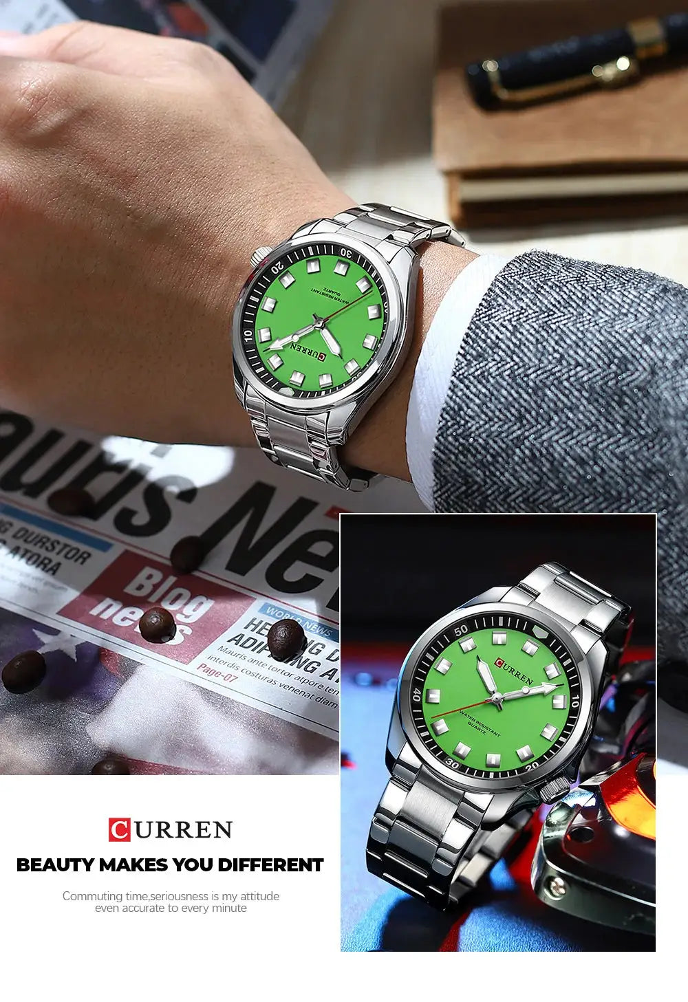 Curren men's wristwatch with a green dial and stainless steel bracelet.
