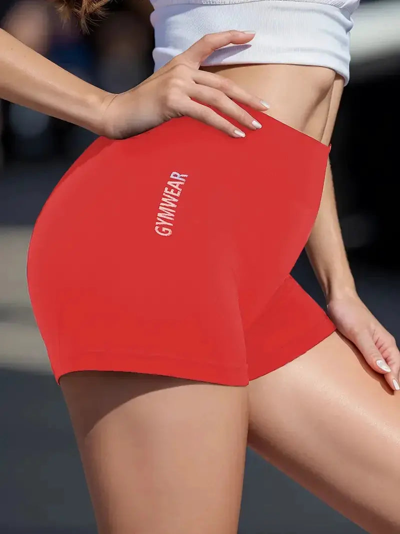 Fitness shorts red high-waisted women's, tight and breathable, with white GYMWEAR logo