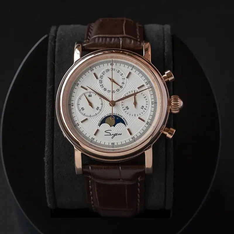 Sugess men's wristwatch with rose-gold case, brown leather strap, white dial, moonphase and chronograph subdials