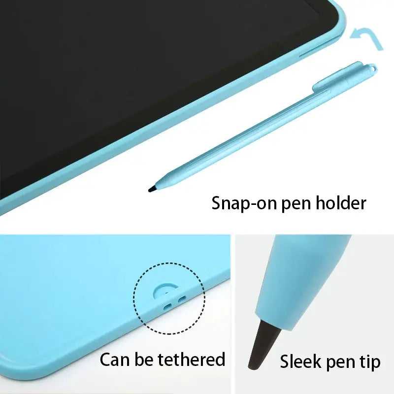Simples Market 13/16 inch LCD drawing tablet, blue with snap-on pen holder and sleek pen tip.