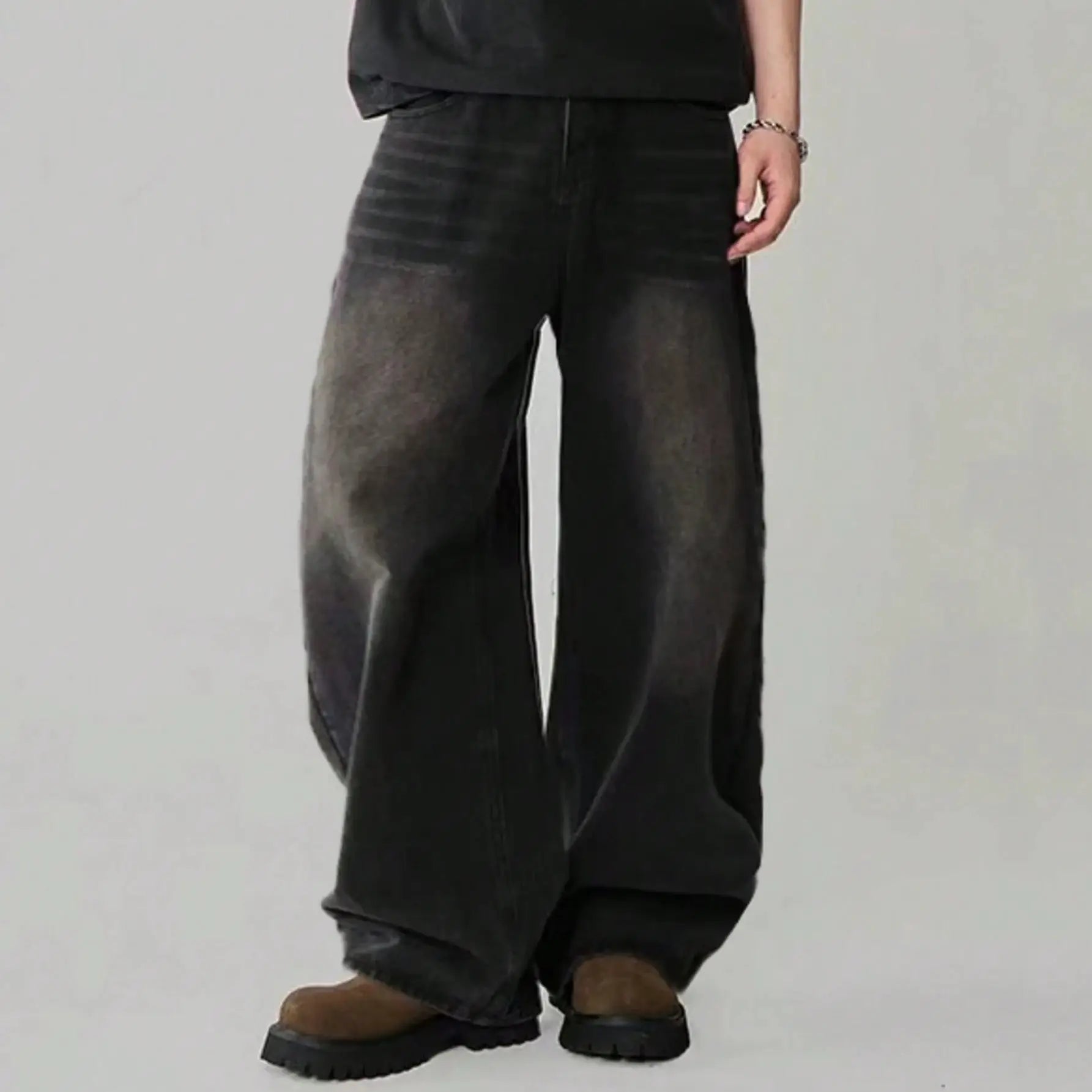 Men's baggy wide-leg denim jeans in a dark gray wash, straight loose fit for casual wear