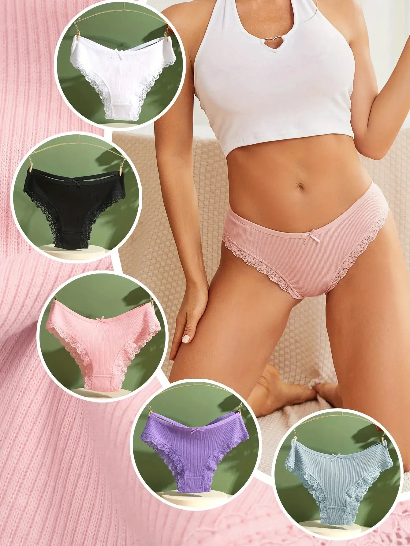 Simples Market 5-pack women's cotton lace briefs in assorted colors; pink main pair shown.