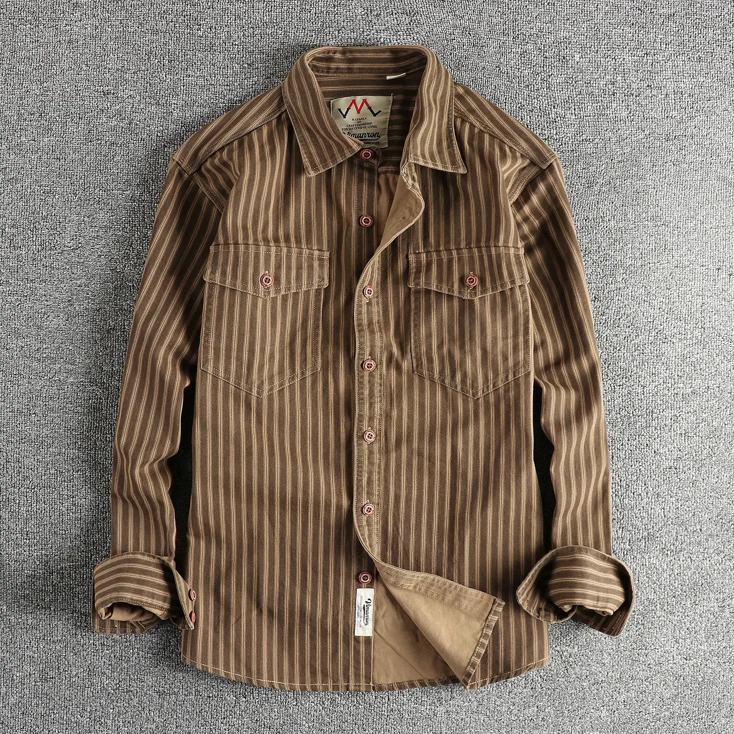 Men's brown retro striped long-sleeve shirt by Simples Market with two chest pockets