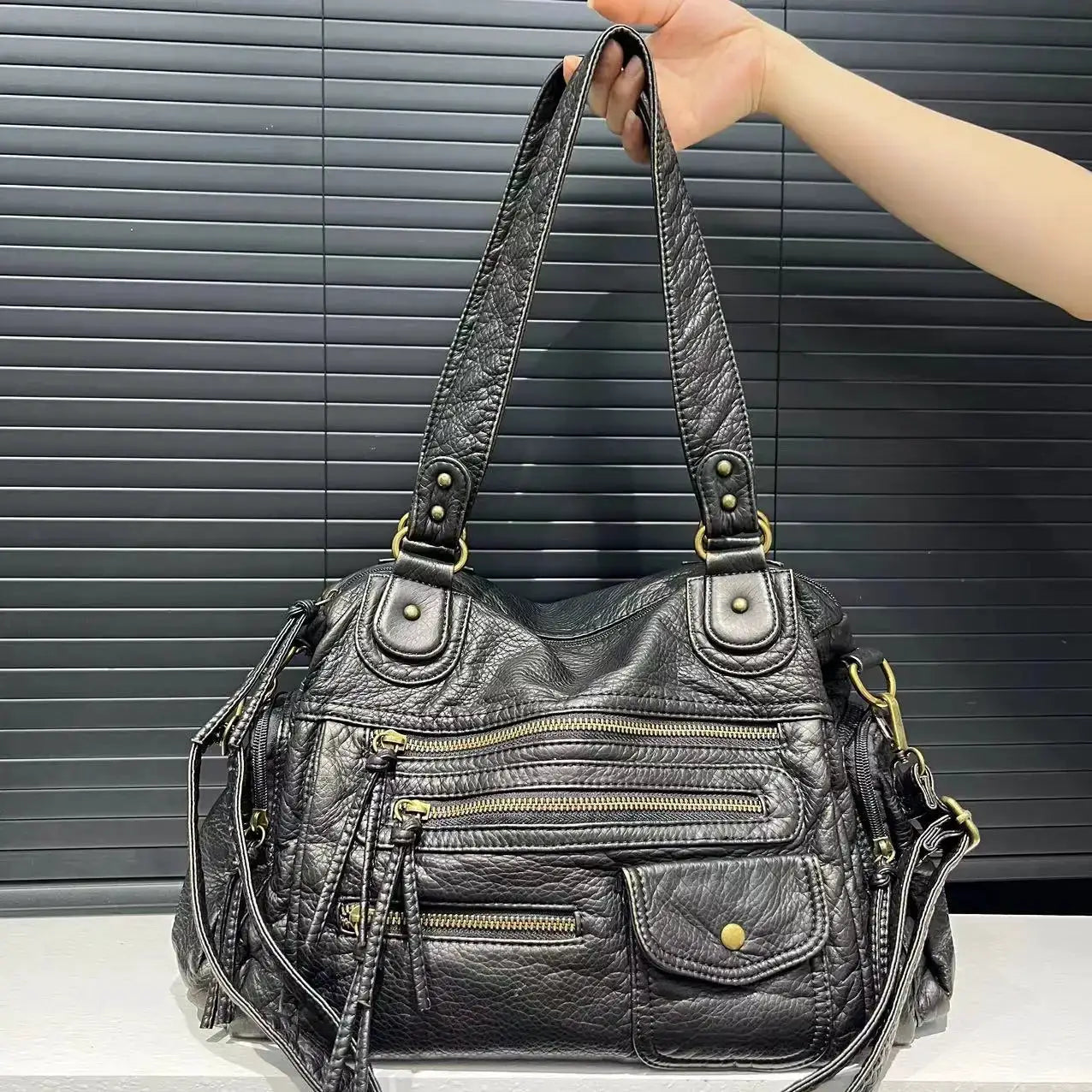 Y2K hot girl crossbody bag by Simples Market, vintage washed black leather with large capacity and multiple zip pockets