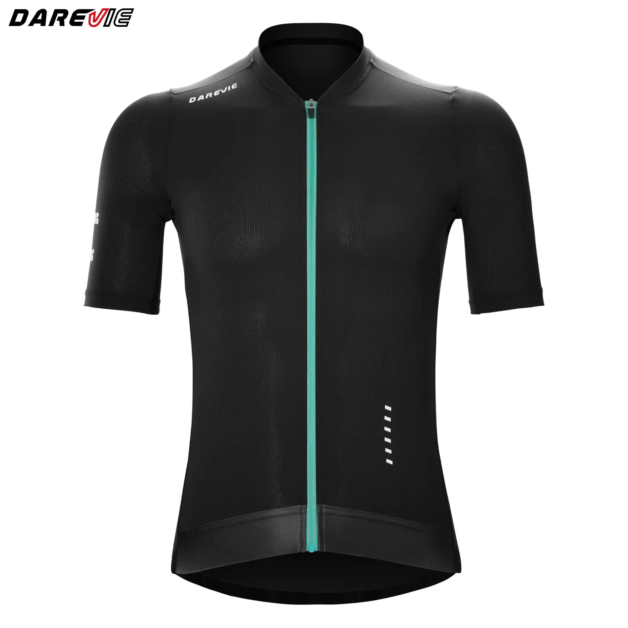 DAREVIE men's cycling jersey, black breathable quick-dry maillot with turquoise zipper.
