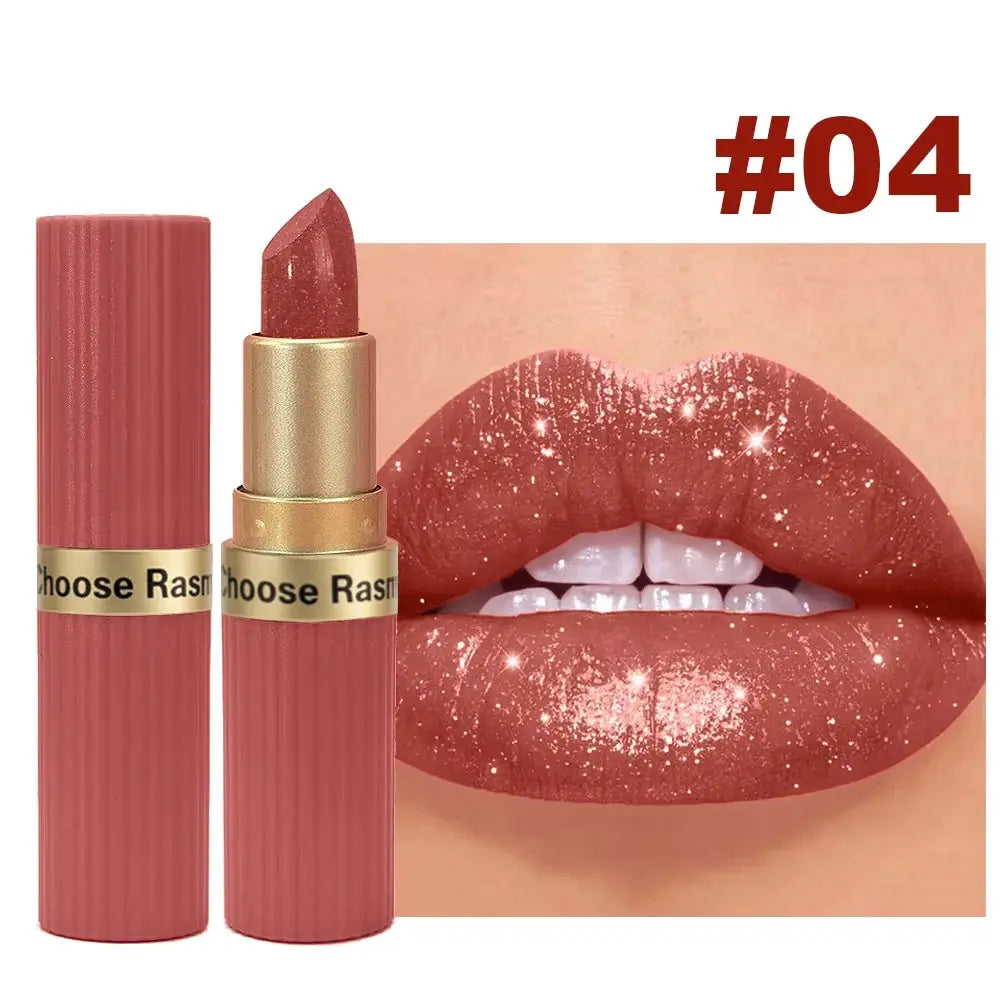 LuxeGleam Pearlescent Pink Glitter Velvet Lipstick Metallic Waterproof Long Lasting Matte Shimmer Finish