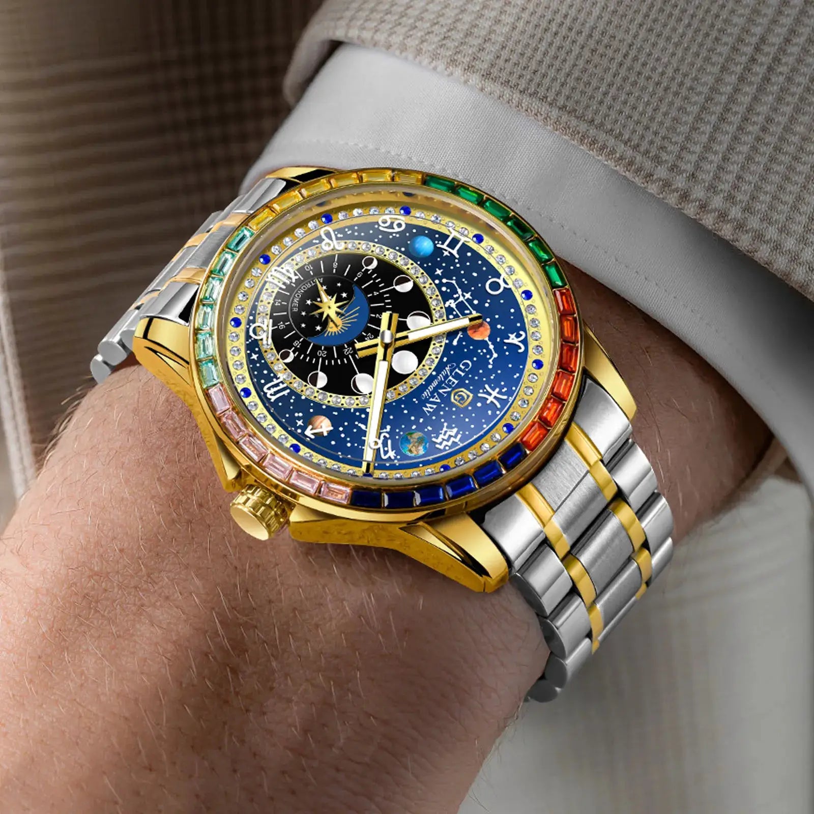 Men's GLENAW rainbow bezel mechanical watch with constellation dial on gold–silver bracelet
