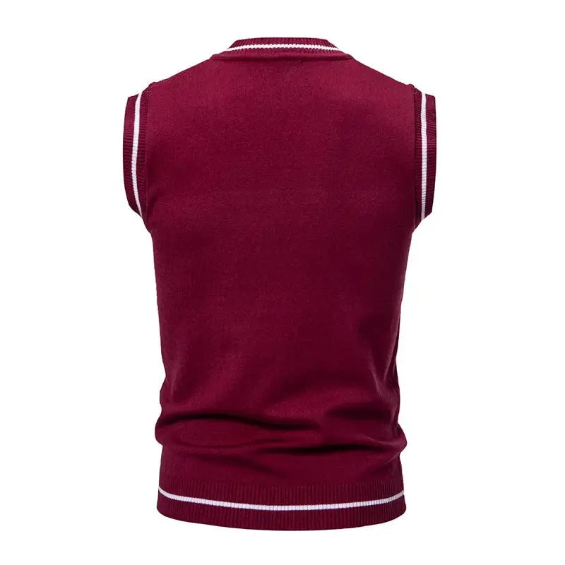 Men's knit sleeveless vest in maroon with white striped trim at collar, armholes, and hem