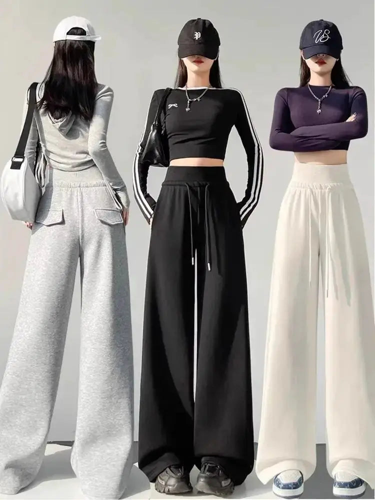 BrandFlex Womens Gray Sports High Waist Wide Leg Pants All Season Comfort Breathable Cotton Polyester Blend