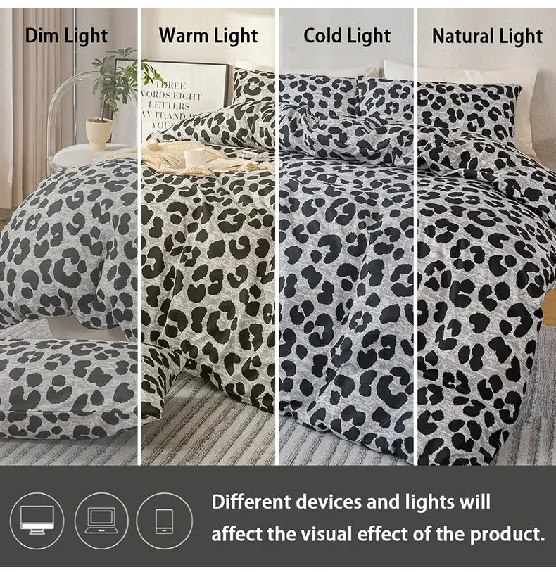 Simples Market 3-piece leopard print duvet cover set with 1 duvet cover and 2 pillowcases in soft gray-black fabric.