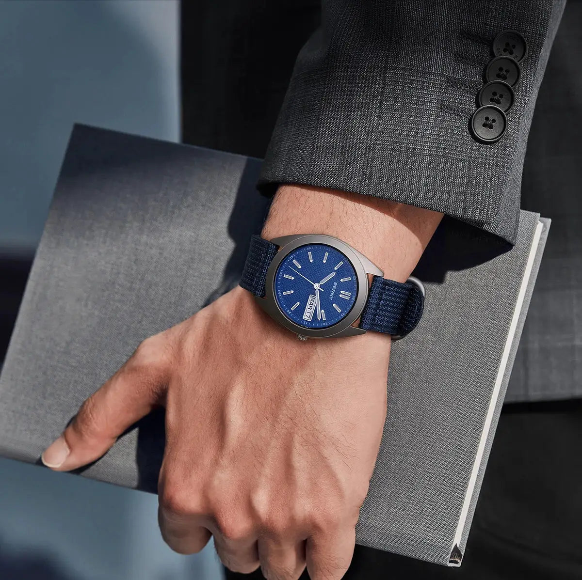 BERNY titanium watch for men by Simples Market with blue dial, date/week calendar and blue fabric strap