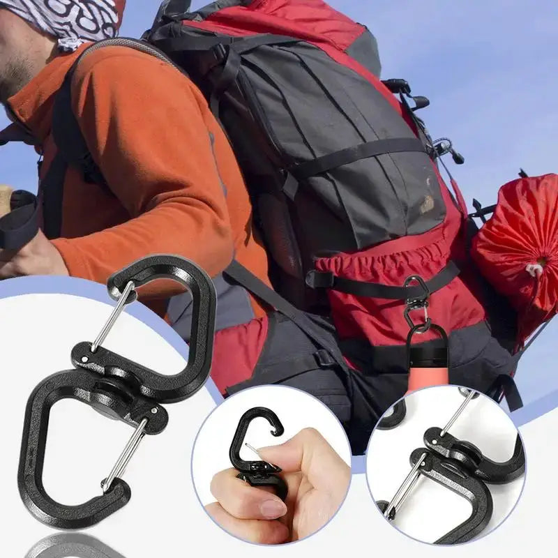 Double clip carabiner with 360-degree swivel, black metal for outdoor backpacking