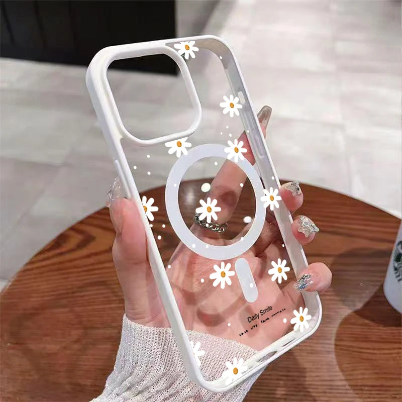 Phone case clear with small white daisy pattern and magnetic ring for wireless charging