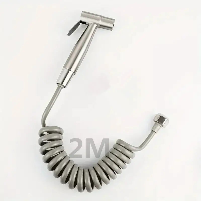 Handheld bidet sprayer set in stainless steel with a coiled hose and spray head