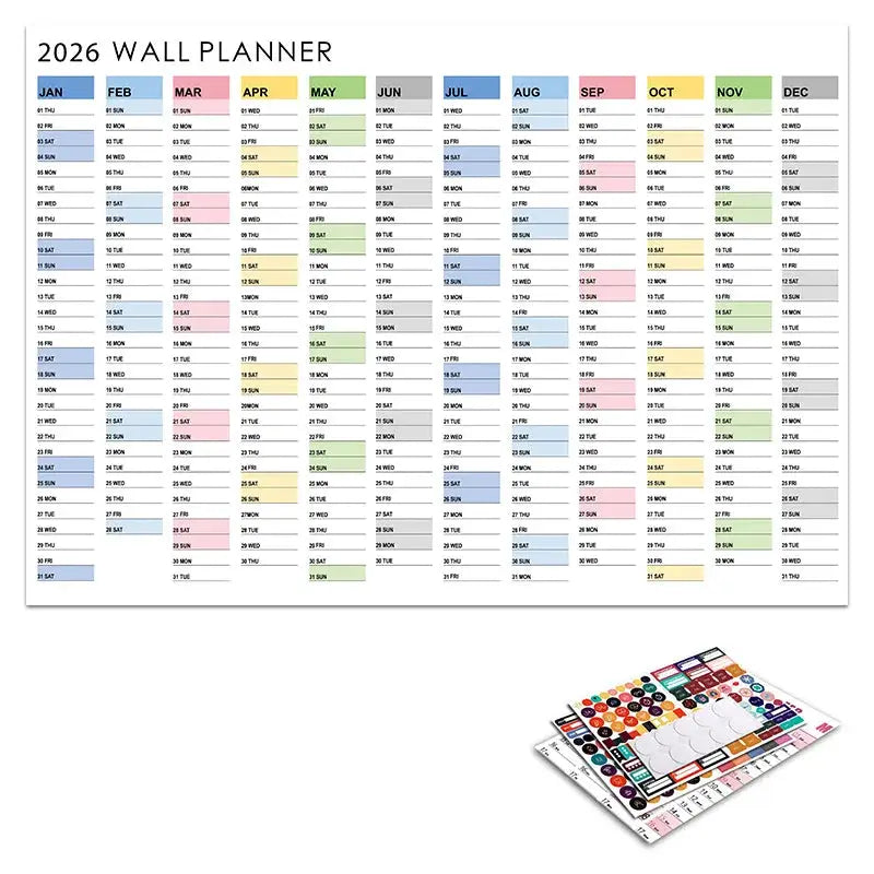 Simples Market 2026 wall planner calendar sheet set with 12 colored month headers and 365-day layout