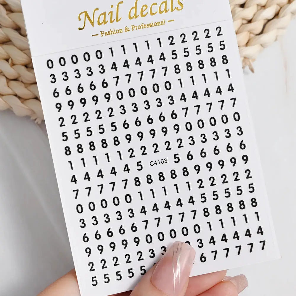 Nail decals sheet with black numeric characters for manicure; self-adhesive Simples Market