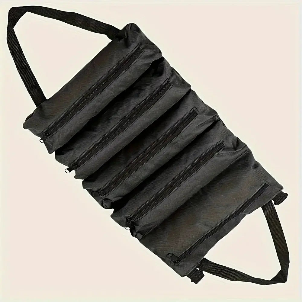 Simples Market black roll-up tool bag with multiple zip pockets and carrying strap.