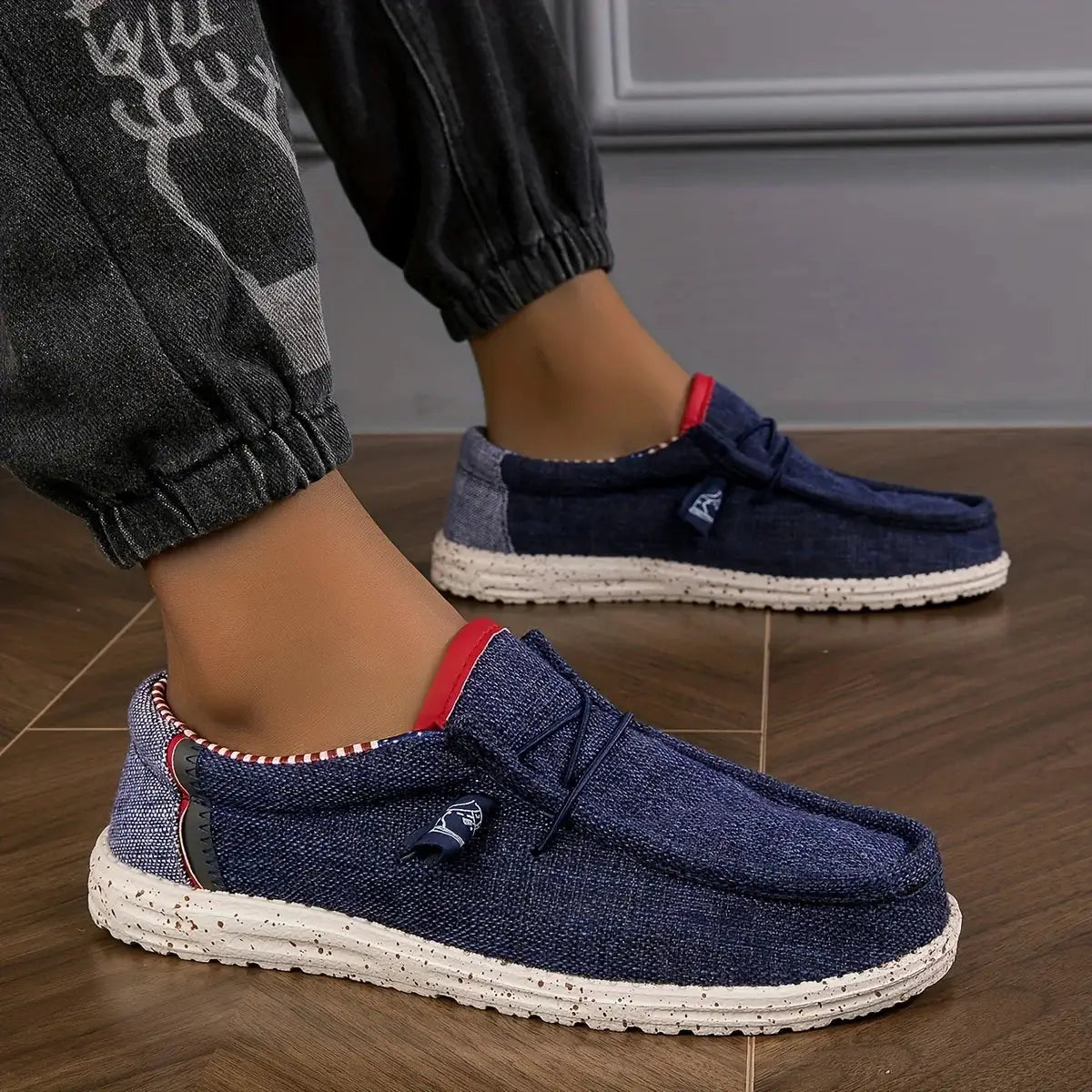 Men's navy canvas loafers, breathable casual driving shoes with speckled white sole