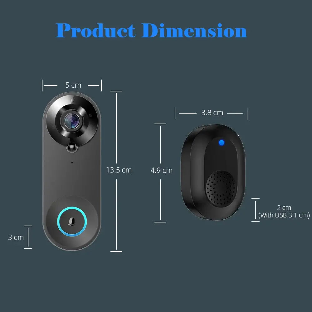 Simples Market 1080P wireless video doorbell with indoor chime; black doorbell with round camera and blue ring