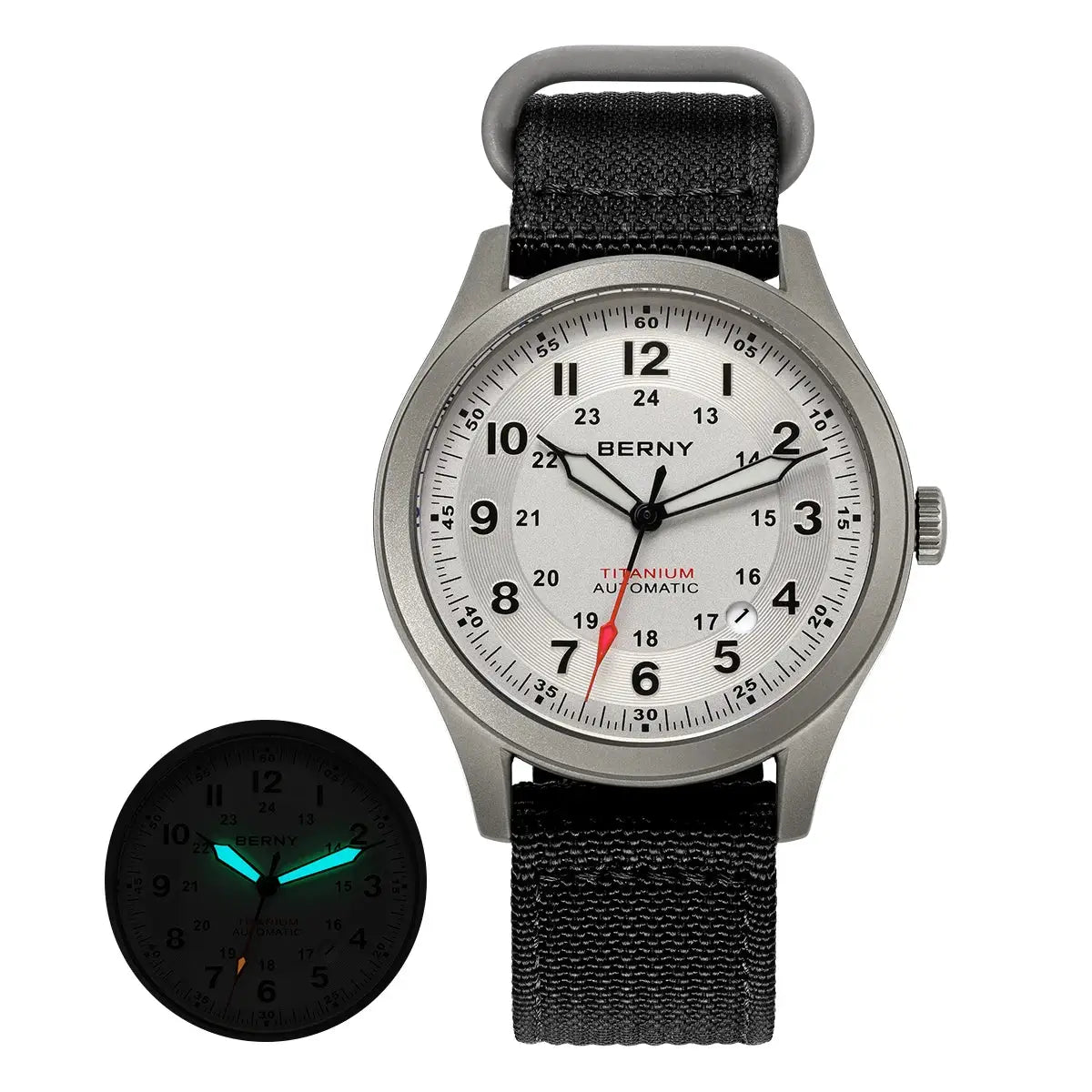 BERNY titanium automatic men's watch with silver dial, 24-hour scale, black fabric strap, date window, luminous hands.