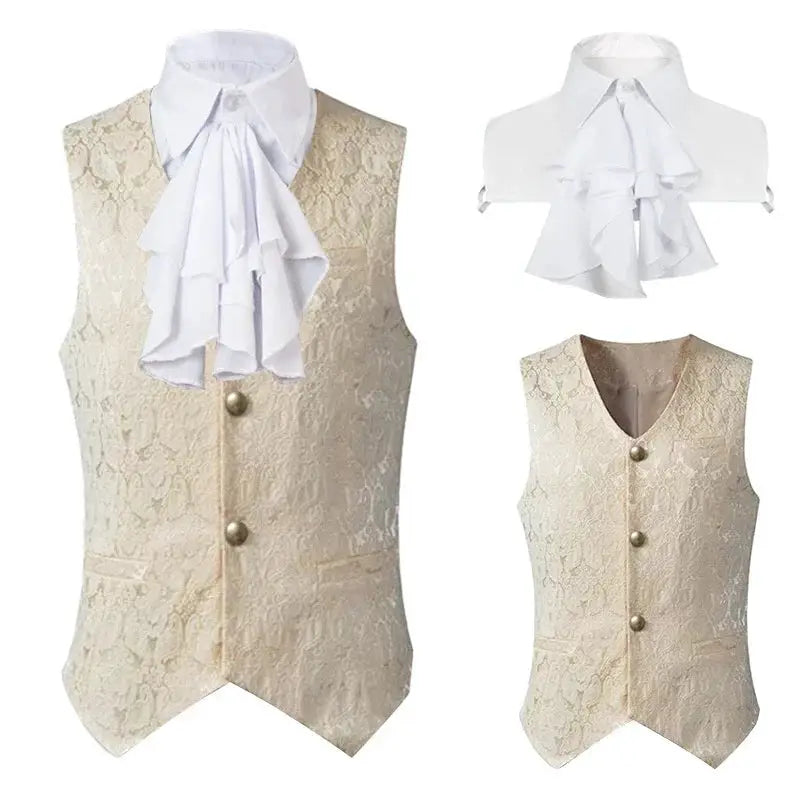 Simples Market two cream jacquard waistcoats with brass buttons, single-breasted formal vests for suits